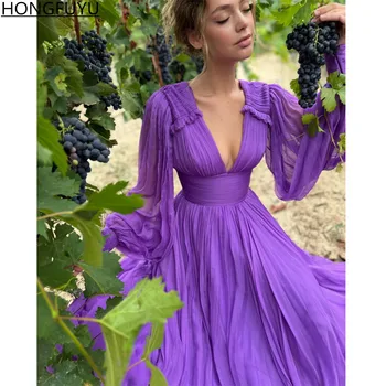 HONGFUYU Draped Royal Purple Õhtul Hommikumantlid, V-kaelus Pikk Õhuke Varrukad Vestidos De Noche Sifonki Pool Tanssiaiset Kleidid Naistele 2022