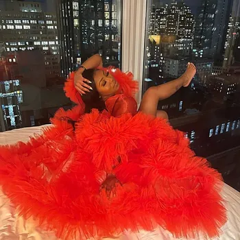 Punane Ruffles Pikkade Varrukatega Rasedus Photoshoot Kleidid 2021 Fotosessiooni Varustus Must Naiste Tülli Rüü Kaste Kleit Custom
