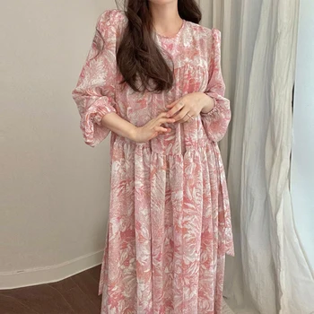 Roosa Flora Trükitud Kleit Naiste 2023 Suvel Liiga Pits-up Elegantne Riietus Daamid korea Streetwear Vintage Vestido Puhkust