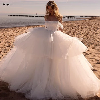 White Beach Ball Kleit Pulm Kleidid Astmeline Tülli Maha Õla Pulm Kleit Pruut 2023 Printsess Vestidos De Novia