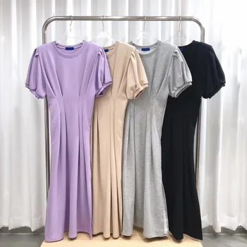 Koreasummer Kleit 2023 Suvel Uusi ümber Kaela Slim Fit Mull Varruka Värviga Talje Wrap Hip Lühikese Varrukaga Kleit Naistele