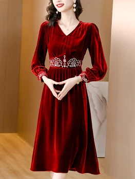Sügis-Talvel Punane Samet, Tikand Luksus V-Kaeluse Midi Kleit Naiste Must Korea Vintage Hepburn Kleit 2023 Elegantne Bodycon Kleit