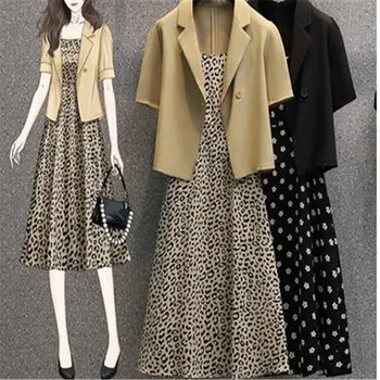 2023 Suvel Uus Leopard Printida Suspender Kleit Juhuslik Lühike Jakk Bleiser Kaks-töö Elegantne Naiste Seelik Sobiks Street Varustus