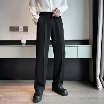 Uus Meeste Ülikond Püksid Tahke Täis Kottis Vabaaja Lai Jalg Püksid Musta Valge Kõrge Vöökoht Sirge Põhjad Streetwear Mõõdus Püksid