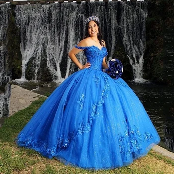 Sinine Maha Õla Quinceanera Kleidi Pits Applique Tülli Sünnipäeva Kleit Magus 16 Vestidos De 15 Anos