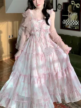 Hstar Suvel Roosa Korea Rihm Kleit Naiste Bow Magus Elegantne Pool Midi Kleit Naine Prindi Prantsusmaa Printsess Haldjas Kleit 2022 Uus