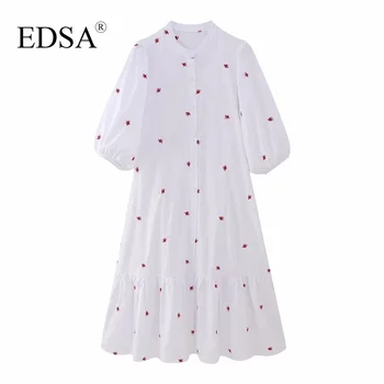 EDSA Naiste Elegantne Valge Tikand Midi Kleit 2023 Suvel Kõrge Vöökoht Pikkade Varrukatega Ühe Karavan O-Kaeluse Streetwear