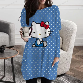 Elegantne Hello Kitty Trükkimine Pikkade Varrukatega Naiste Y2K T-särk Sügisel Vabaaja CartoonPrint Streetwear Naiste Riided Läbilöök Särk