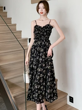 2023 Must Lilleline Stiilne Ruffled Pilduma Midi Kleit Naiste Korea Vintage Hepburn Tanssiaiset Kleit Suvel Elegantne Seksikas Pikad Kleidid Julge