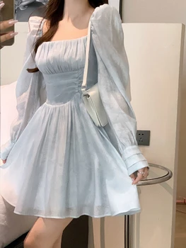 2023 Suvel Korea Fashion Y2k Mini Kleit Office Lady Puhta Värvi Elegantne Kleit Sifonki Vabaaja Pikad Varrukad Pool Kleit Stiilne Naine