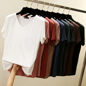 Plus size V-Kaeluse Tshirt Naiste Suvel Lahti Tees Modal casual T-särk (Solid color Läbilöök Tee Tops