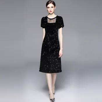 Naiste Kevad ja Suvi Uus prantsuse Stiilis Elegantne Jumalanna Stiilis Seksikas Midi Kleit Must Sequin Kleit