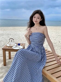 Naiste spagetid rihm sinine ruuduline grid kõrge vöökoht maxi long beach kleit SMLXL