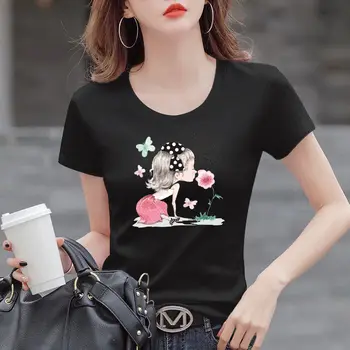 Summer Cartoon Trükkimine t-särk naistele 2023 Uus Harajuku Lühike Varrukas, Slim T-särk korea ümber Kaela Vabaaja Top Naised