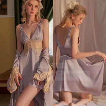 Kaks Tükki Magada Komplekt Pulm Kleit Nightgowns Suve Naine Sleepwear Seksikas Segast Pits Nightdress Hommikumantel Vabaaja Kodus Kandma