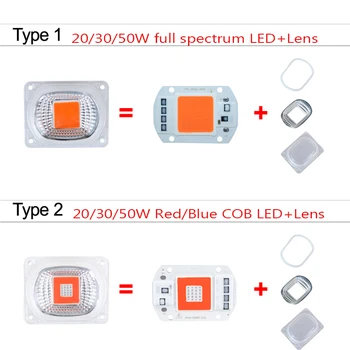 20W 50W 220V 110V Täieliku Spektri LED Füto Lamp COB LED Chip Lamp Koos Objektiivi Helkur Punane&Sinine Valgus Taimede Seemnete kasvatus