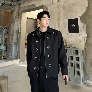 2023 Kevadel korea stiilis Unikaalne metallist rõngas disain jakid, meeste vabaaja lahti must lukuga jakk mehed,M-XL