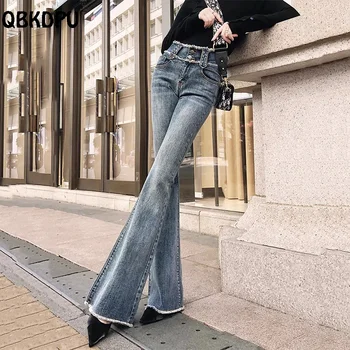 Vintage Kõrge Vöökoht Lahvatas Teksad Naistele, Raw Edge Kõhn Bell Bottom Vaqueros Korea Fashion Stretch Denim Püksid Kevad Püksid