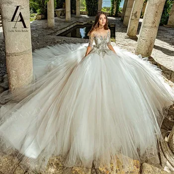 LelaAcra Crystal Backless Pulm Kleidid naistele 2023 Stiilne Pikk Varrukas Royal Rongi Printsess Pruut Kleidid JK30 Vestido de Noiva